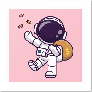 Cute Astronaut Bring Money Bag With Gold Coin Cartoon Posters and Art